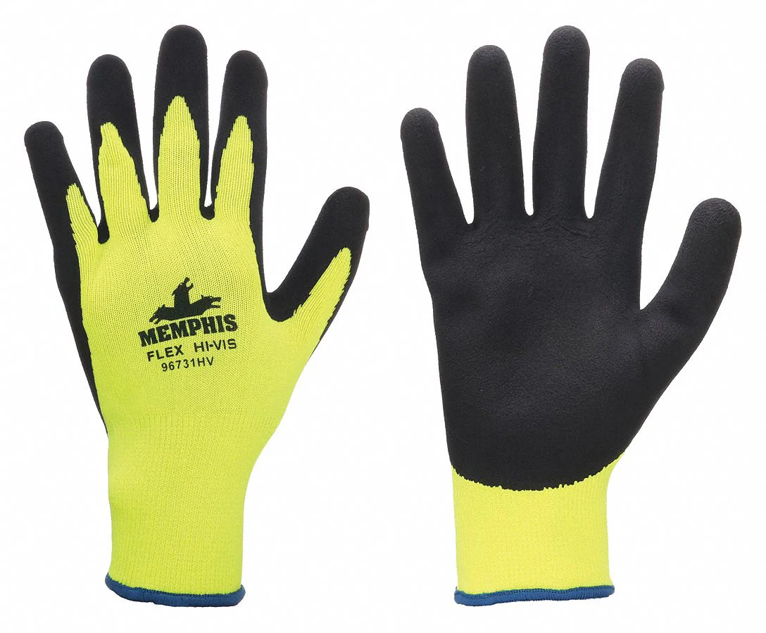 MCR SAFETY Memphis Flex Hi-Vis Sandy Foam Latex Coated Gloves, Size S