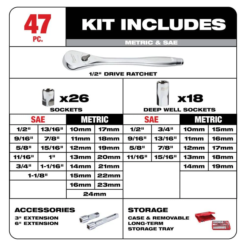Milwaukee 1/2 in. and 1/4 in. Drive SAE/Metric Ratchet & Socket Mechanics Tool Set, 72-Piece - Image 5