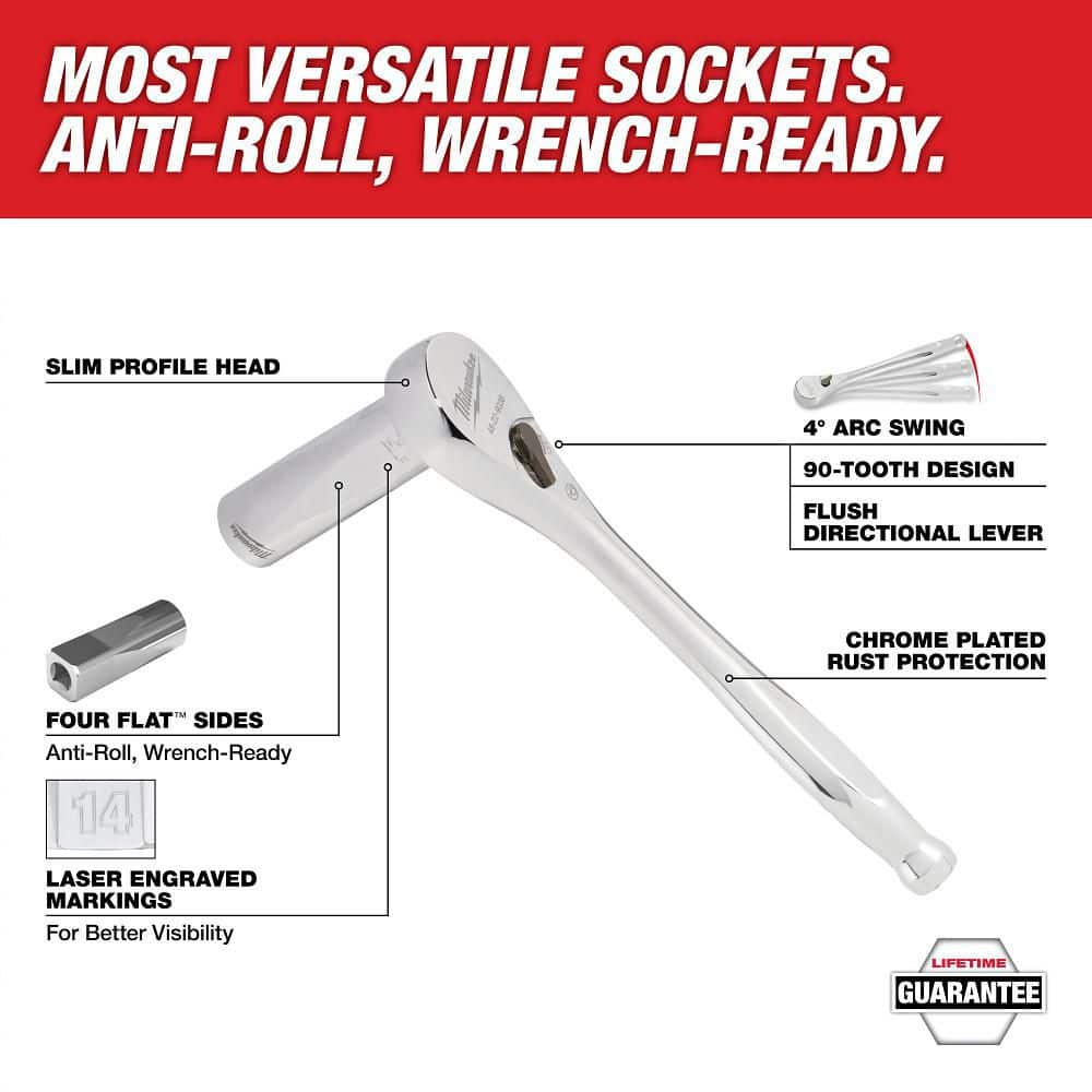 Milwaukee 1/4 in. Drive SAE/Metric Ratchet & Socket Mechanics Tool Set with 3 in. Stubby Ratchet, 51-Piece - Image 3