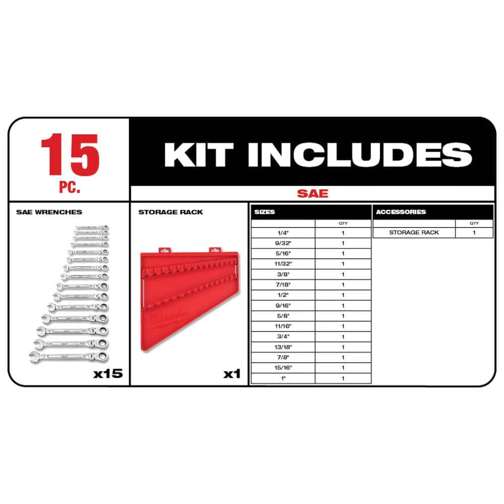 Milwaukee 144-Position Flex-Head Ratcheting Combination Wrench Set SAE with Screwdriver Set (25-Piece) - Image 4