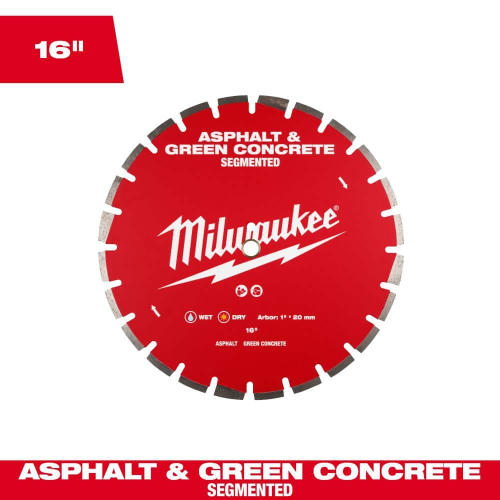 Milwaukee 16 in. Asphalt & Green Concrete Segmented Diamond Blade, 1 in/20 mm Arbor, 5,460 RPM (49-93-7245)
