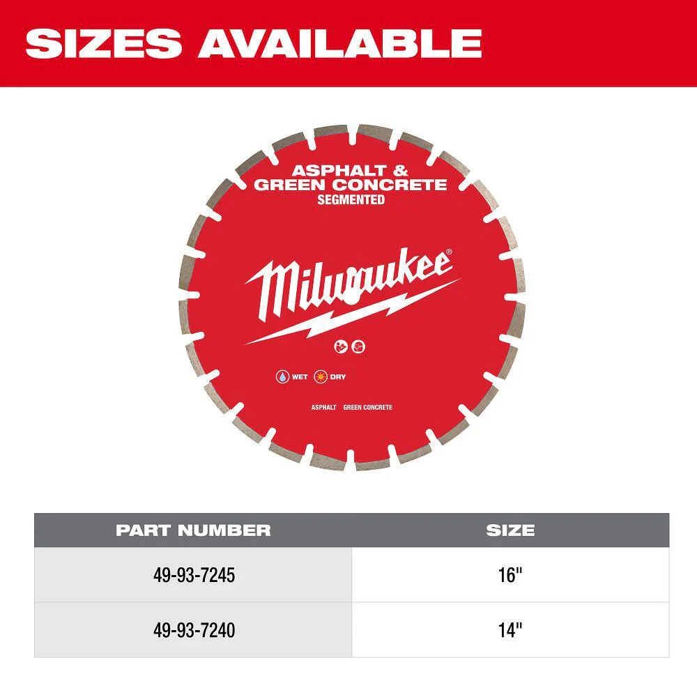 Milwaukee 16 in. Asphalt & Green Concrete Segmented Diamond Blade, 1 in/20 mm Arbor, 5,460 RPM (49-93-7245) - Image 6