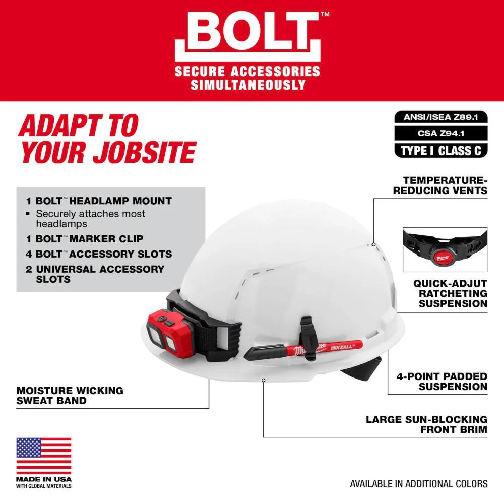 Milwaukee BOLT White Type 1 Class C Front Brim Vented Hard Hat with 4-Point Ratcheting Suspension and BOLT Mesh Full Faceshield - Image 3
