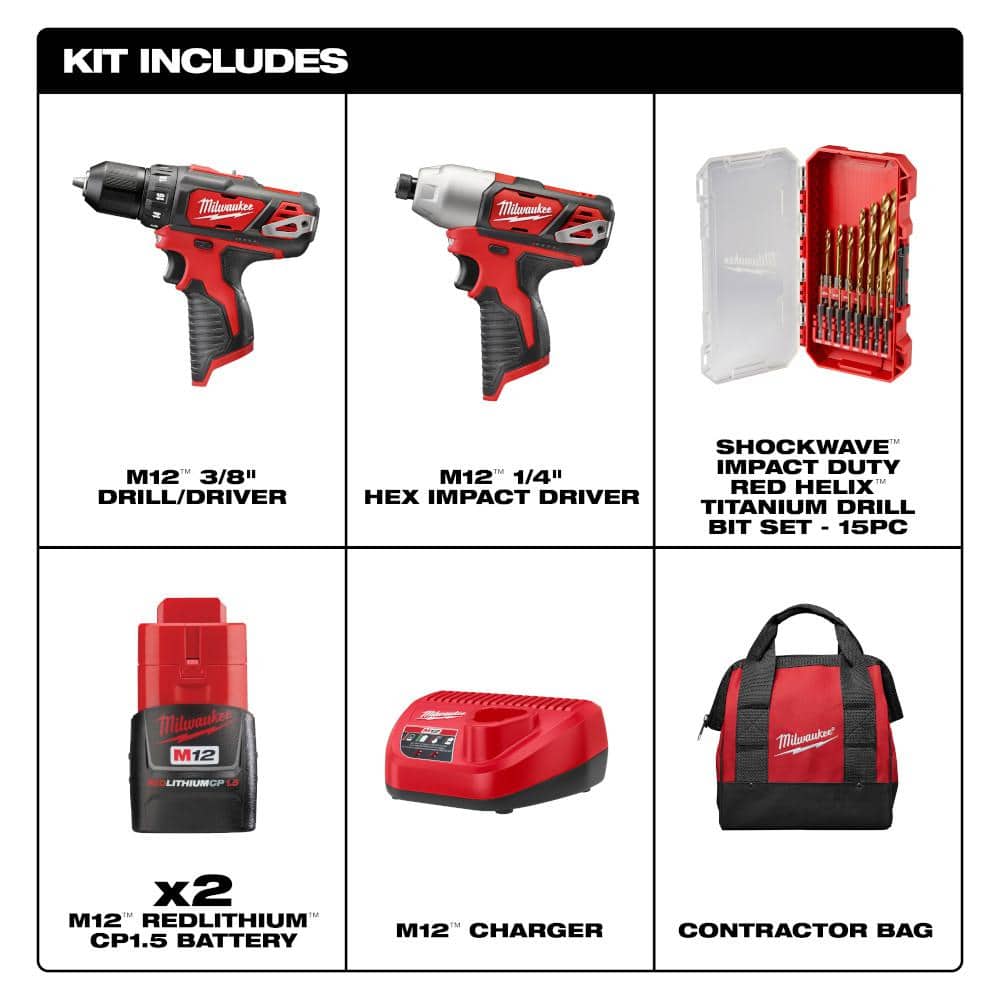 Milwaukee M12 12-Volt Lithium-Ion Cordless 2-Tool Combo Kit with SHOCKWAVE Impact Duty Alloy Steel Screw Driver Bit Set (25-Piece) - Image 2