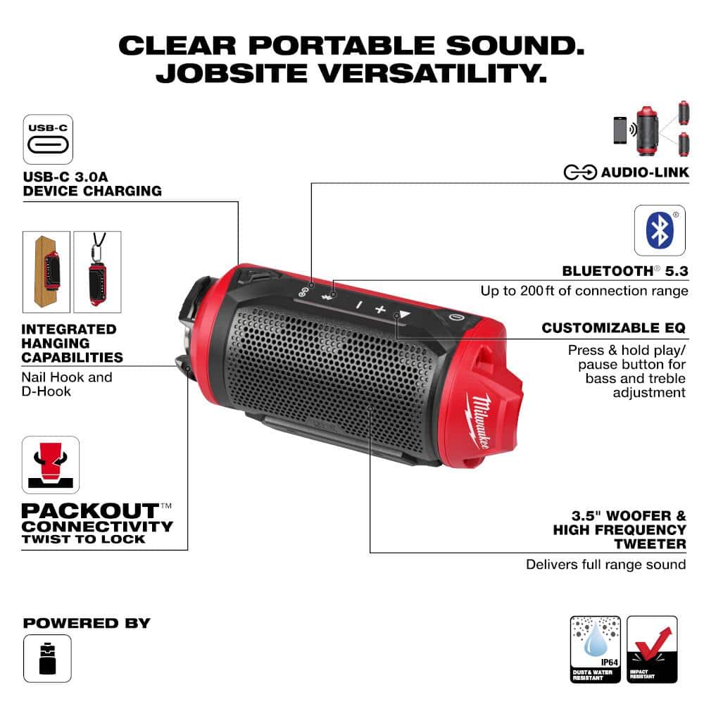 Milwaukee M12 12-Volt Lithium-Ion Cordless Bluetooth Jobsite Speaker with PACKOUT Compatibility - Image 4