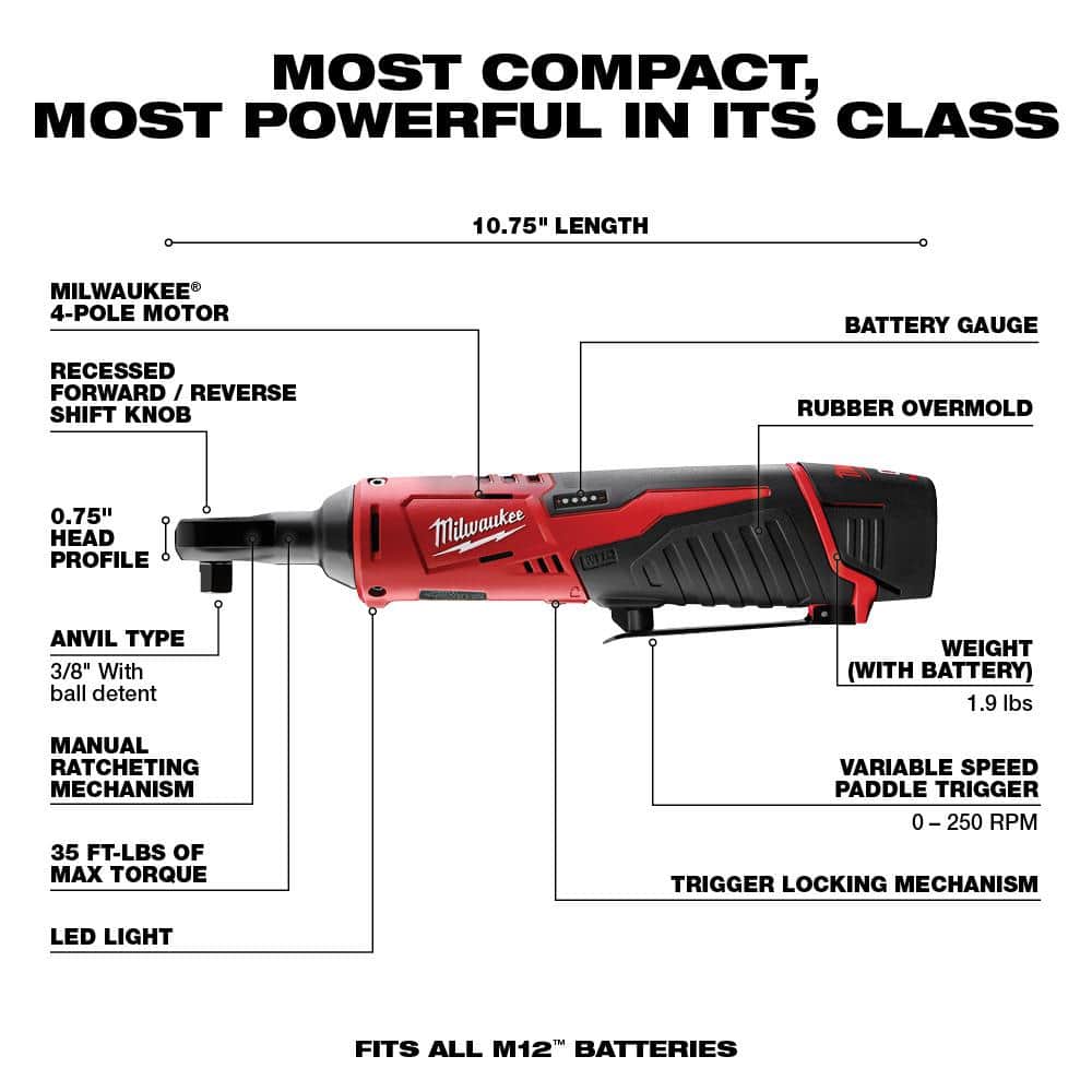 Milwaukee M12 12V Lithium-Ion Cordless 3/8 in. Ratchet & Screwdriver Combo Kit (2-Tool) with Battery, Charger, Bag, Bit Set & PACKOUT - Image 4