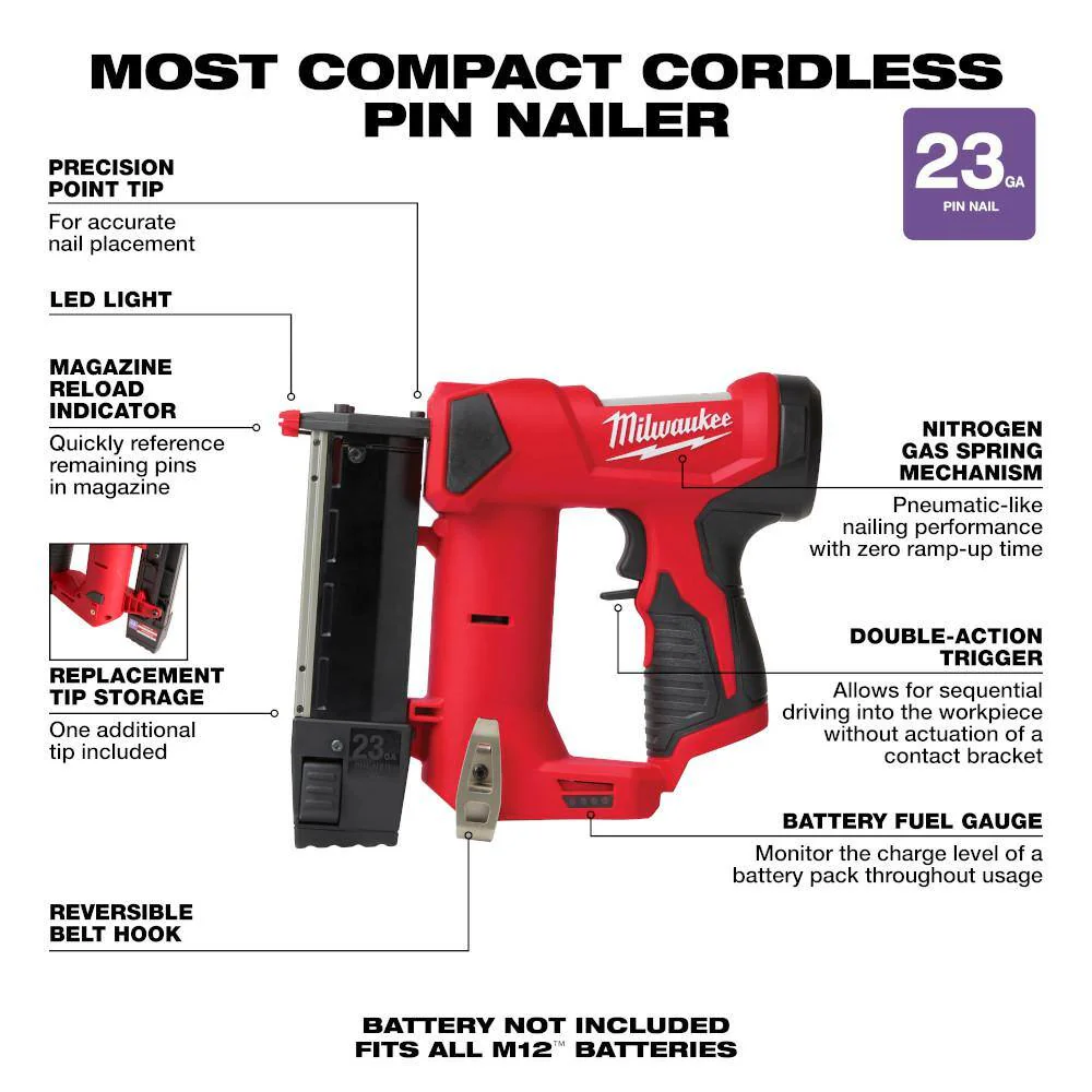 Milwaukee M12 23GA Pin Nailer with M12 FUEL Orbital Detail Sander and M12 High Output CP2.5Ah Battery, 12V - Image 4