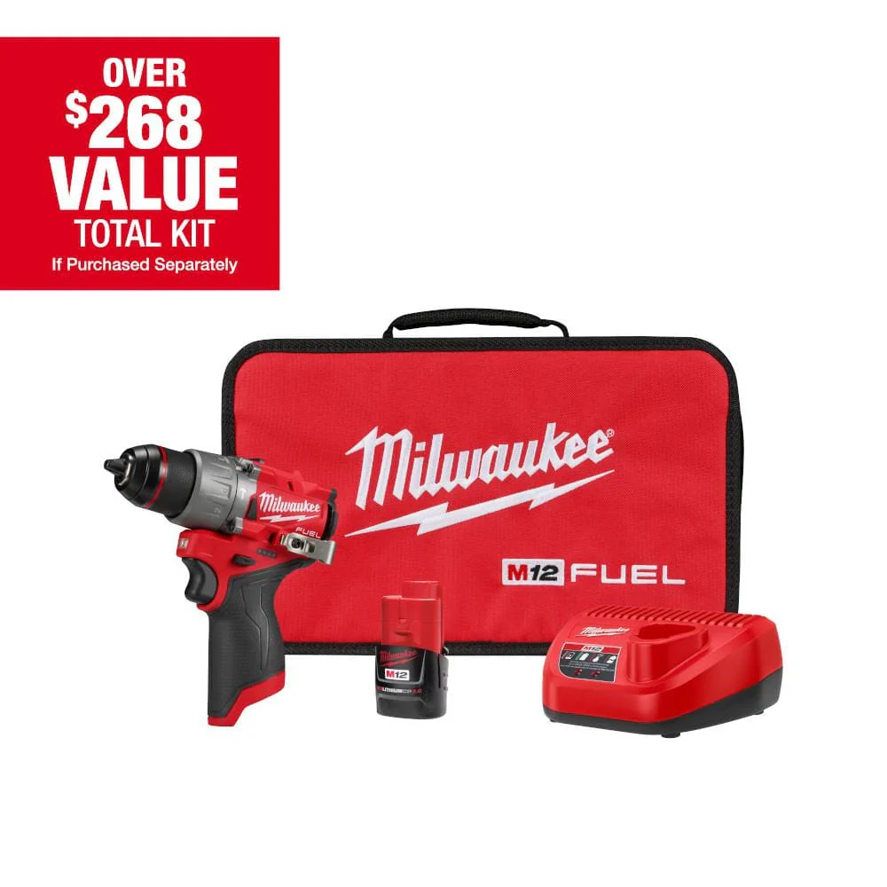 Milwaukee M12 FUEL 12-Volt Lithium-Ion Brushless Cordless 1/2 in. Hammer Drill Kit with Battery and Charger