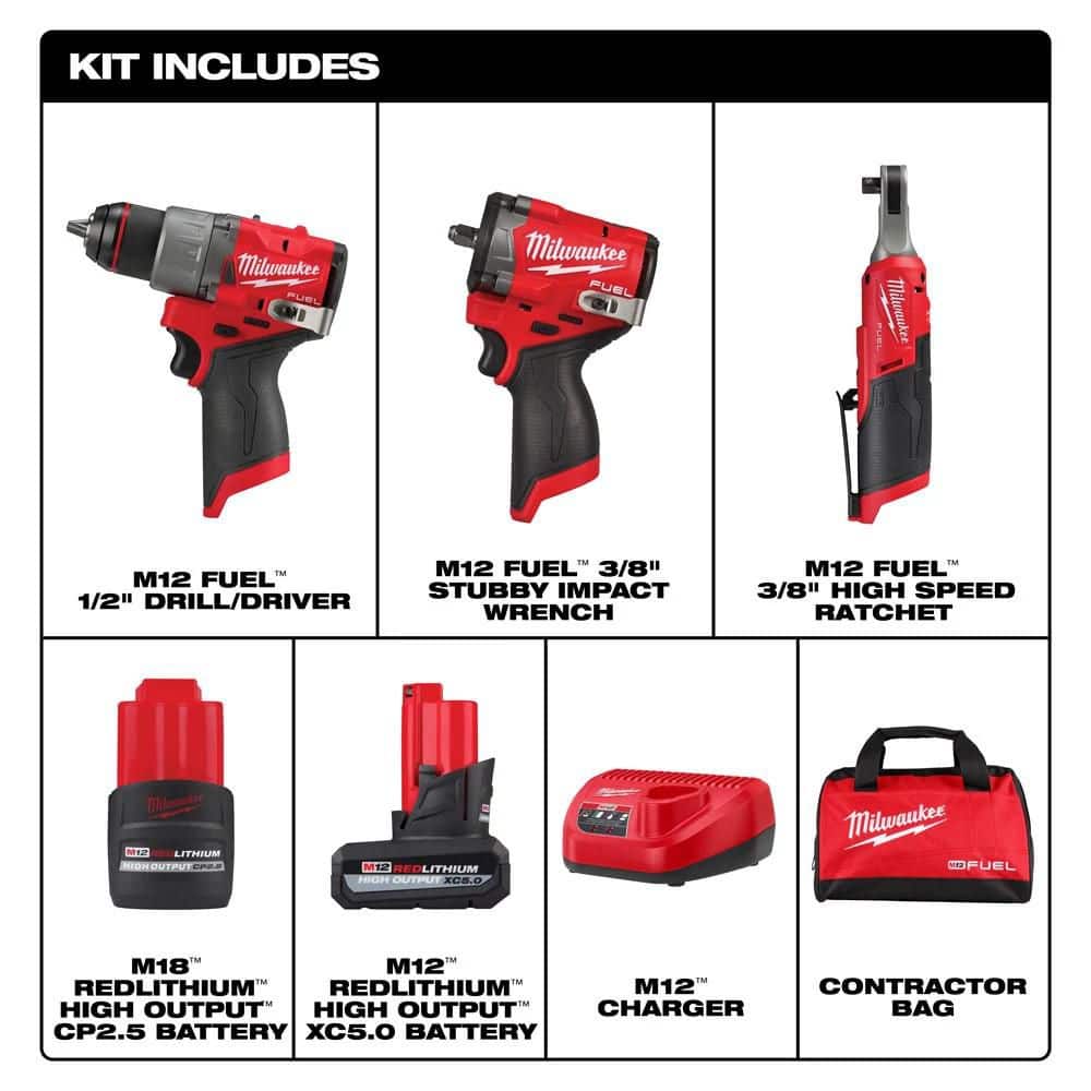 Milwaukee M12 FUEL 12V Cordless Drill/Driver, 3/8 in. Impact Wrench & 3/8 in. High-Speed Ratchet Combo Kit with Batteries, Charger & Bag - Image 3