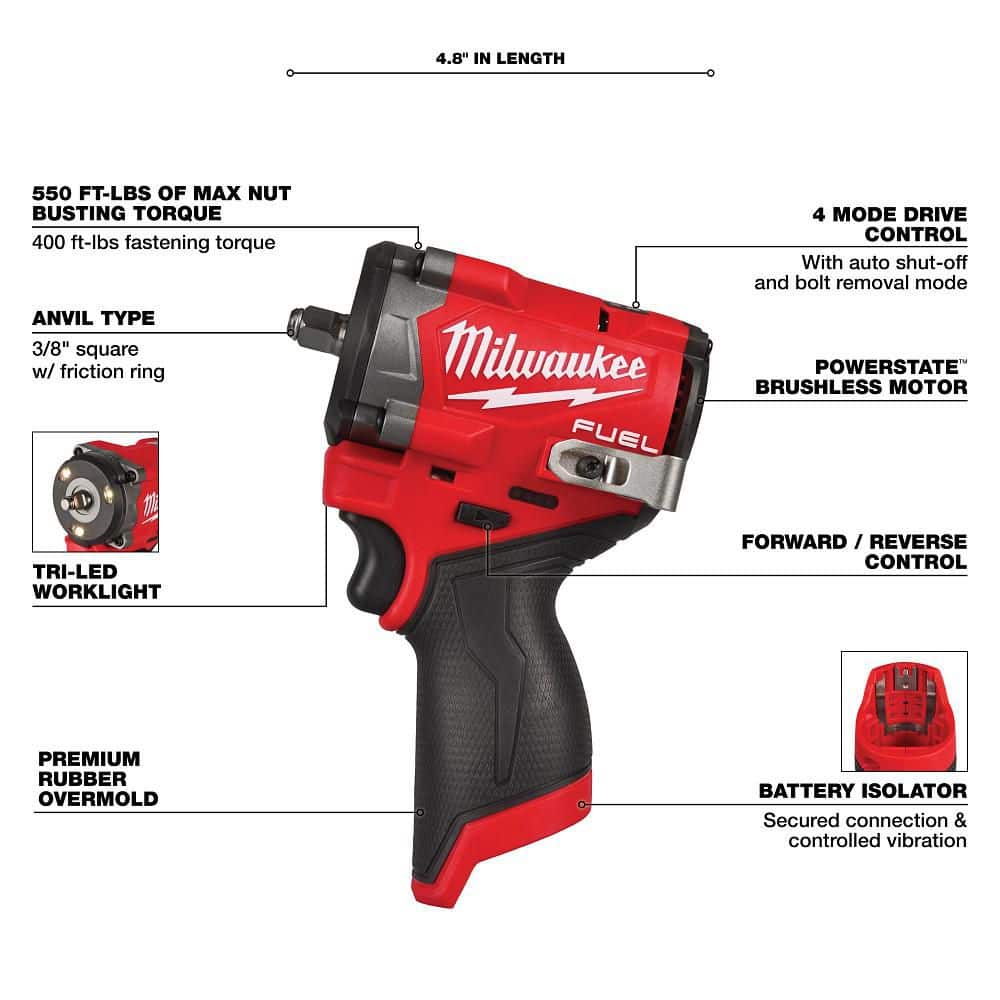 Milwaukee M12 FUEL 12V Cordless Drill/Driver, 3/8 in. Impact Wrench & 3/8 in. High-Speed Ratchet Combo Kit with Batteries, Charger & Bag - Image 7