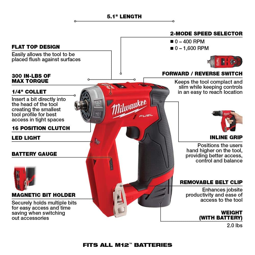 Milwaukee M12 FUEL 12V Li‑Ion Brushless Cordless 4‑in‑1 Installation 3/8 in. Drill/Driver Kit with 4 Heads + PACKOUT Bit Set (60‑Pc) - Image 3