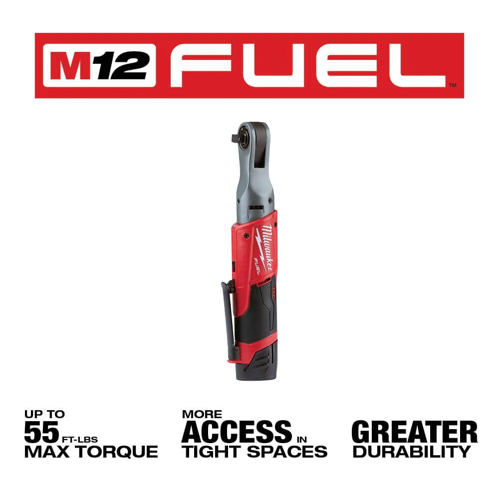Milwaukee M12 FUEL 12V Lithium‑Ion Brushless 3/8 in. Cordless Ratchet Kit with (2) 2.0Ah Batteries, Charger, Bag & SAE Socket Set - Image 2
