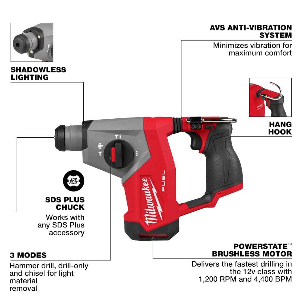 Milwaukee M12 FUEL 12V Lithium‑Ion Brushless Cordless 5/8 in. SDS‑Plus Rotary Hammer Drill (Tool‑Only) - Image 3