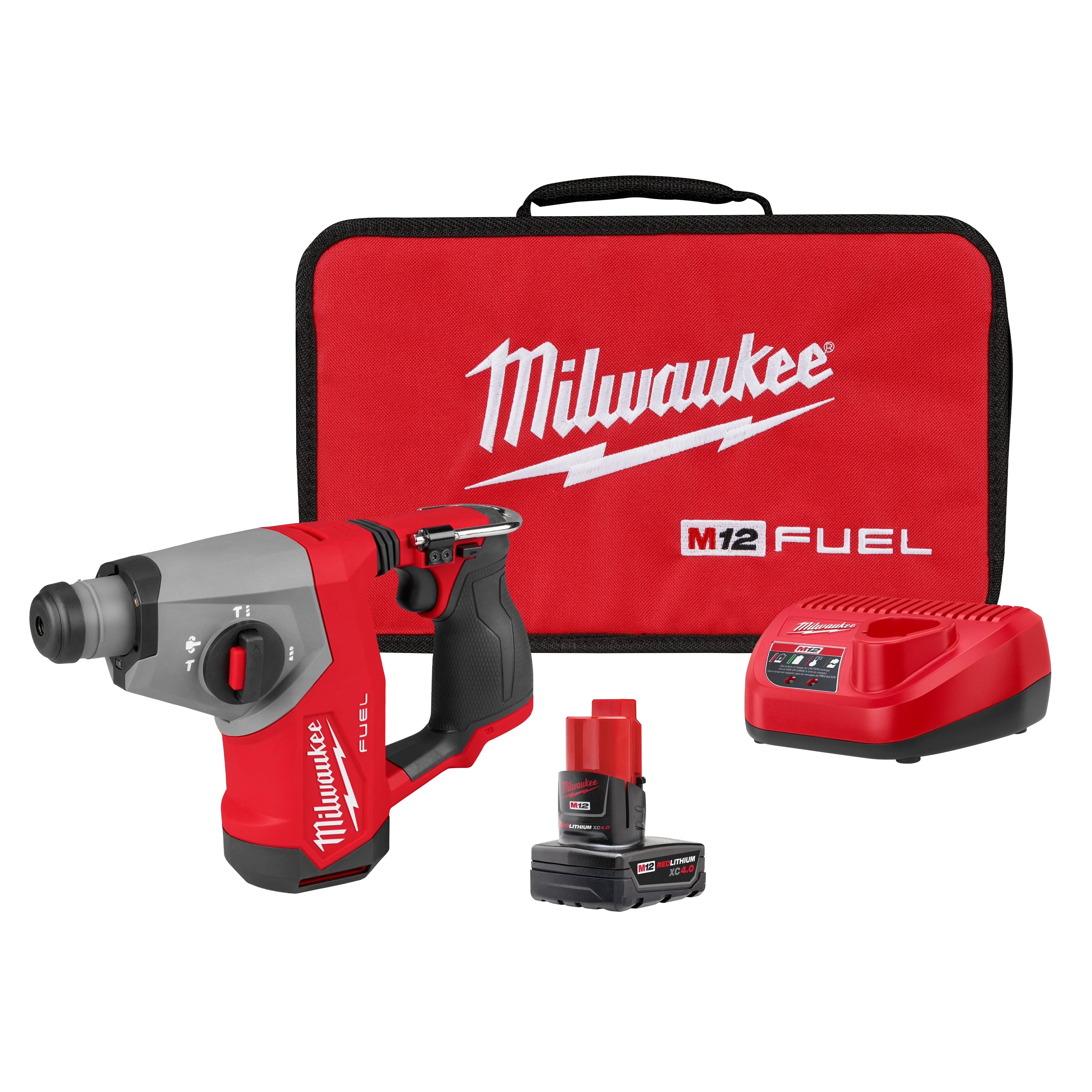 Milwaukee M12 FUEL 12V Lithium-Ion Brushless Cordless 5/8 in. SDS Plus Rotary Hammer Kit with XC 4.0 Battery, Charger and Bag
