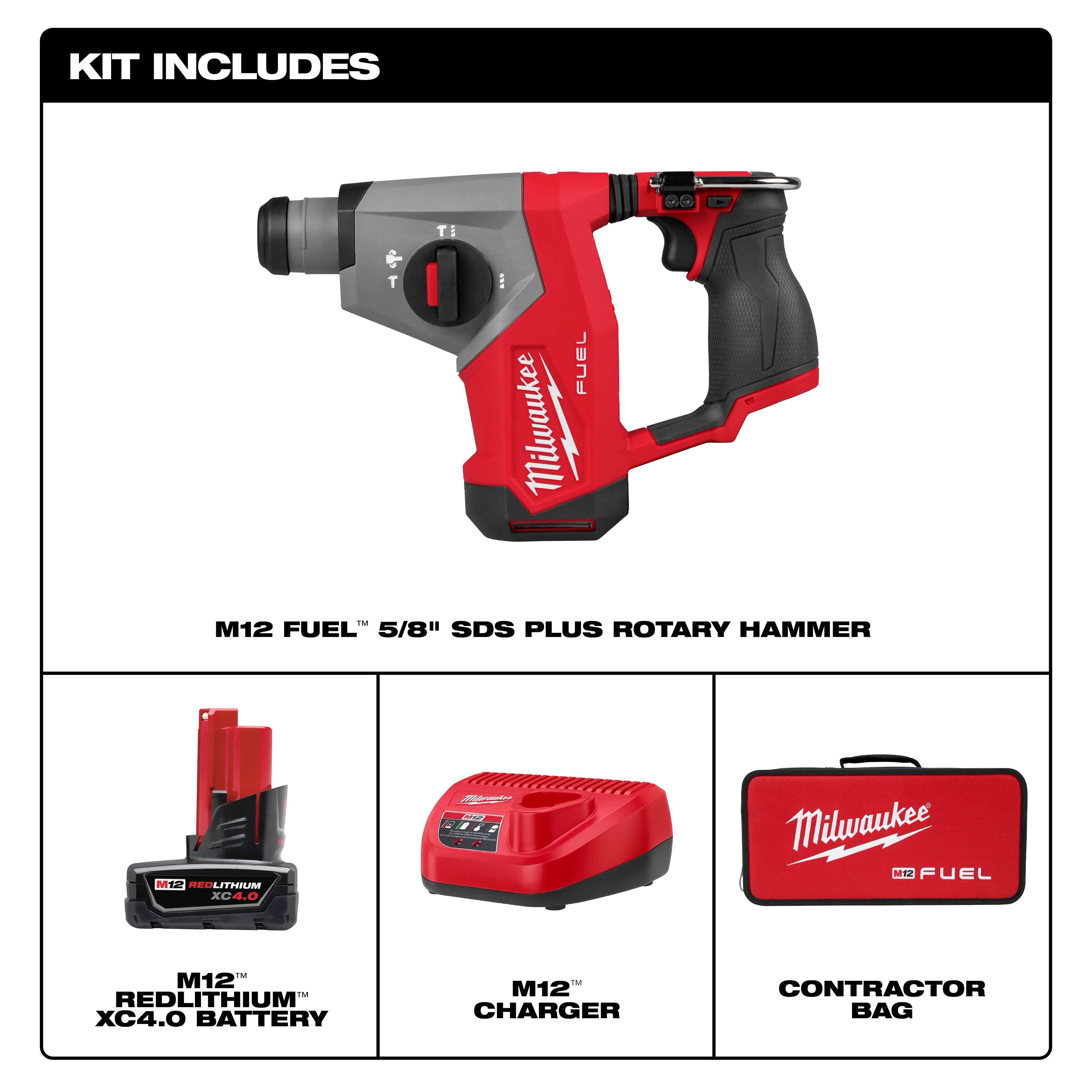 Milwaukee M12 FUEL 12V Lithium-Ion Brushless Cordless 5/8 in. SDS Plus Rotary Hammer Kit with XC 4.0 Battery, Charger and Bag - Image 2