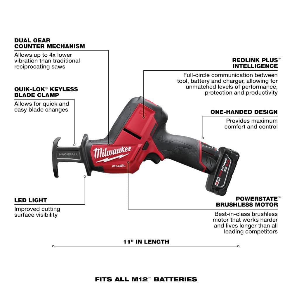 Milwaukee M12 FUEL 12V Lithium-Ion Brushless Cordless HACKZALL Reciprocating Saw (Tool-Only) with SAWZALL Blade Set (25-Piece) - Image 4