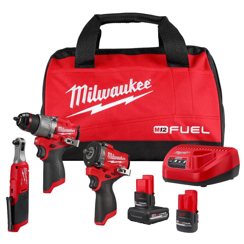 Milwaukee M12 FUEL 12V Lithium-Ion Cordless Drill Driver, Impact Wrench, and Ratchet Combo Kit (3-Tool)