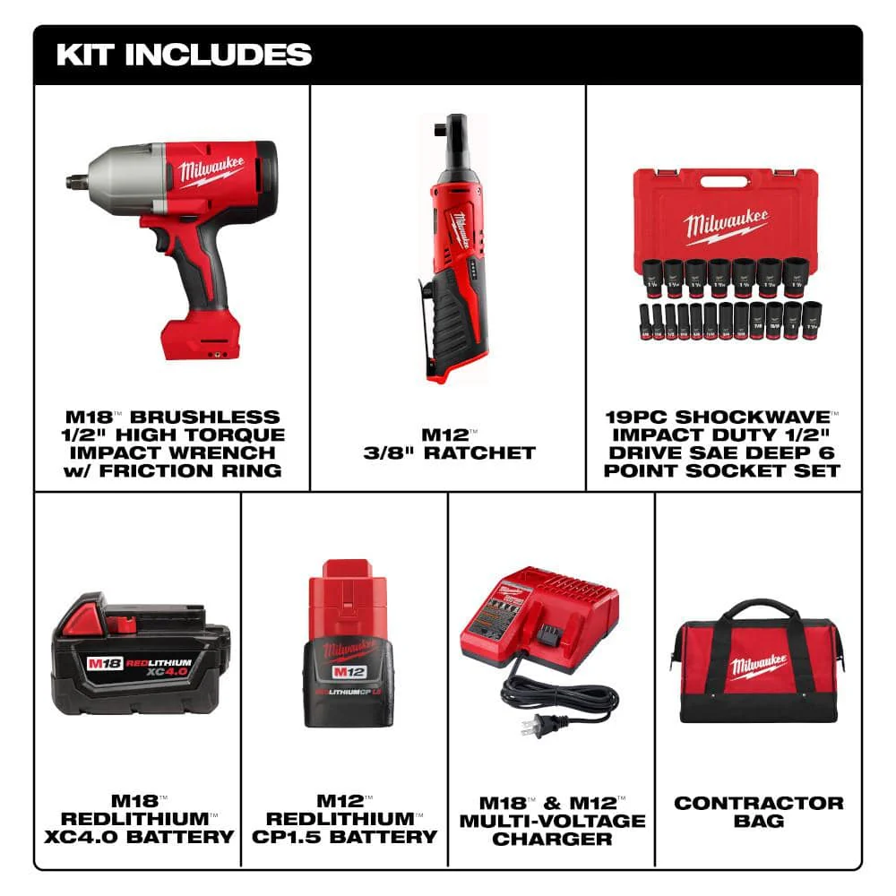 Milwaukee M12/M18 12/18V Li-Ion Cordless 3/8 in. Ratchet & 1/2 in. Brushless Impact Wrench Combo Kit with 19‑Piece 1/2 in. Drive SAE Deep Socket Set - Image 2