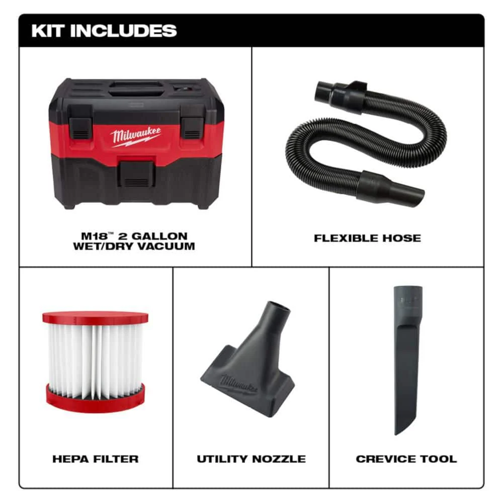 Milwaukee M18 18-Volt 2 Gal. Lithium-Ion Cordless Wet/Dry Vacuum Kit with (2) M18 5.0 Ah Batteries - Image 3