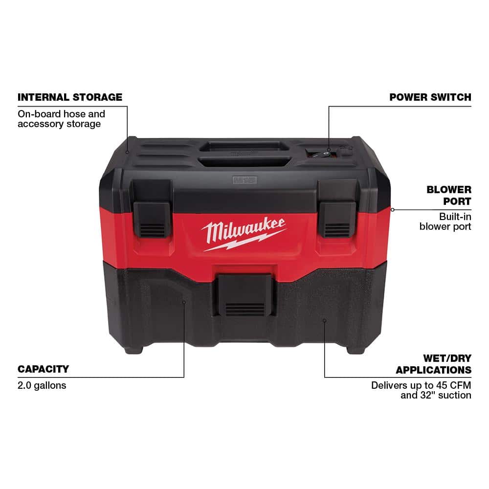 Milwaukee M18 18-Volt 2 Gal. Lithium-Ion Cordless Wet/Dry Vacuum with AIR-TIP 1-1/4 in.–2-1/2 in. Flexible Crevice Tool - Image 4