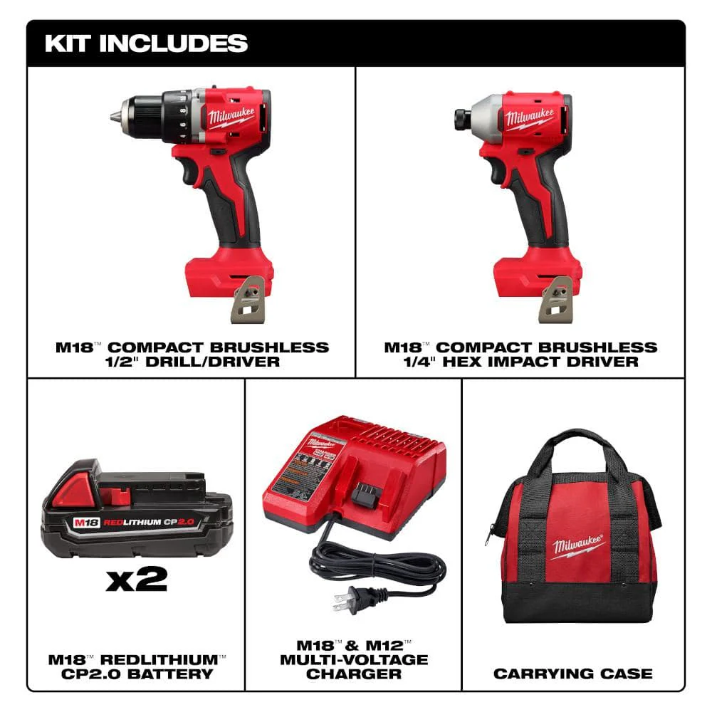 Milwaukee M18 18V Brushless Cordless Compact Drill/Impact Combo Kit w/(2) 2.0Ah Batteries, Charger, Bag & 100-Pc Bit Set - Image 3