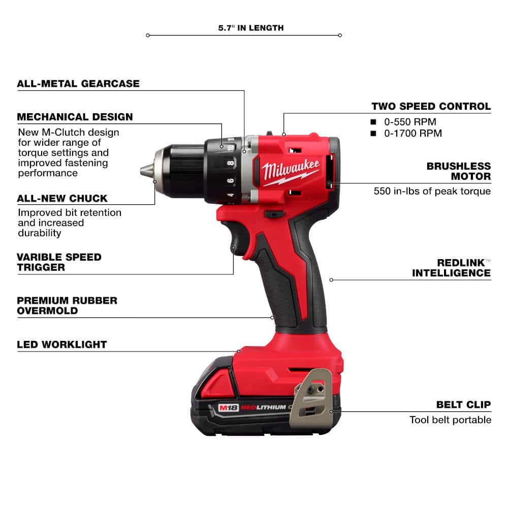 Milwaukee M18 18V Brushless Cordless Compact Drill/Impact Combo Kit w/(2) 2.0Ah Batteries, Charger, Bag & 100-Pc Bit Set - Image 4