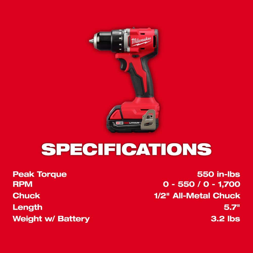 Milwaukee M18 18V Brushless Cordless Compact Drill/Impact Combo Kit w/(2) 2.0Ah Batteries, Charger, Bag & 100-Pc Bit Set - Image 6