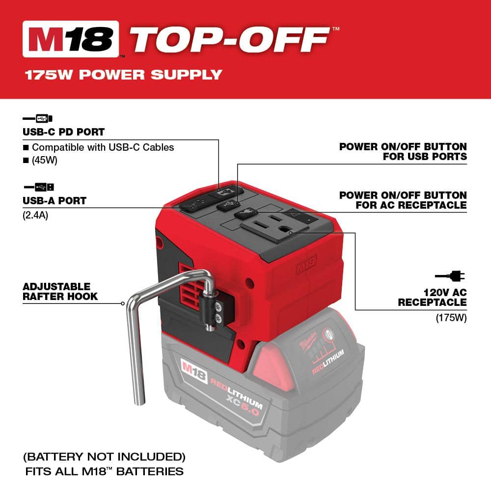 Milwaukee M18 18V Lithium-Ion 175W Compact Inverter + M18 HIGH OUTPUT FORGE XC6.0 Battery Kit - Image 3