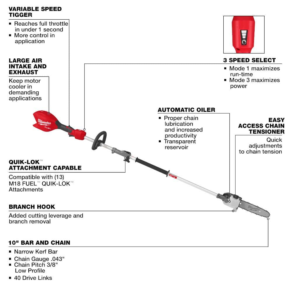 Milwaukee M18 FUEL 10" Brushless Cordless Pole Saw with QUIK-LOK Attachment Capability, Tool-Only - Image 6