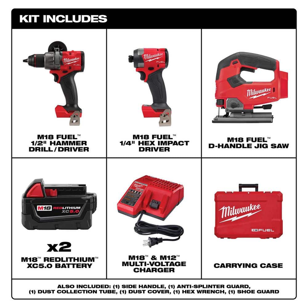 Milwaukee M18 FUEL 18‑V Lithium‑Ion Brushless Cordless Hammer Drill & Impact Driver Combo Kit (2‑Tool) with D‑Handle Jigsaw - Image 3
