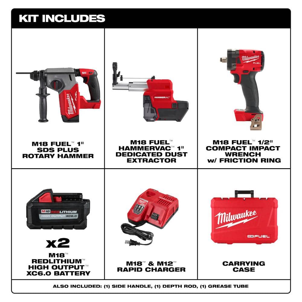 Milwaukee M18 FUEL 18-Volt Lithium-Ion Brushless 1 in. Cordless SDS-Plus Rotary Hammer Kit with FUEL 1/2 in. Impact Wrench (2 Batteries & Charger) - Image 2
