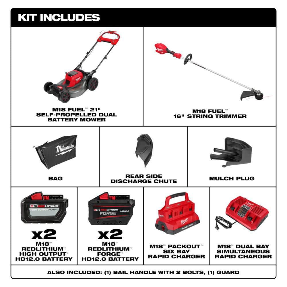 Milwaukee M18 FUEL 18V 21 in. Brushless Cordless Dual-Battery Self-Propelled Mower with 16 in. String Trimmer, (3) Batteries & Charger - Image 2