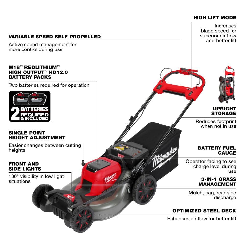 Milwaukee M18 FUEL 18V 21 in. Brushless Cordless Dual-Battery Self-Propelled Mower with 16 in. String Trimmer, (3) Batteries & Charger - Image 6