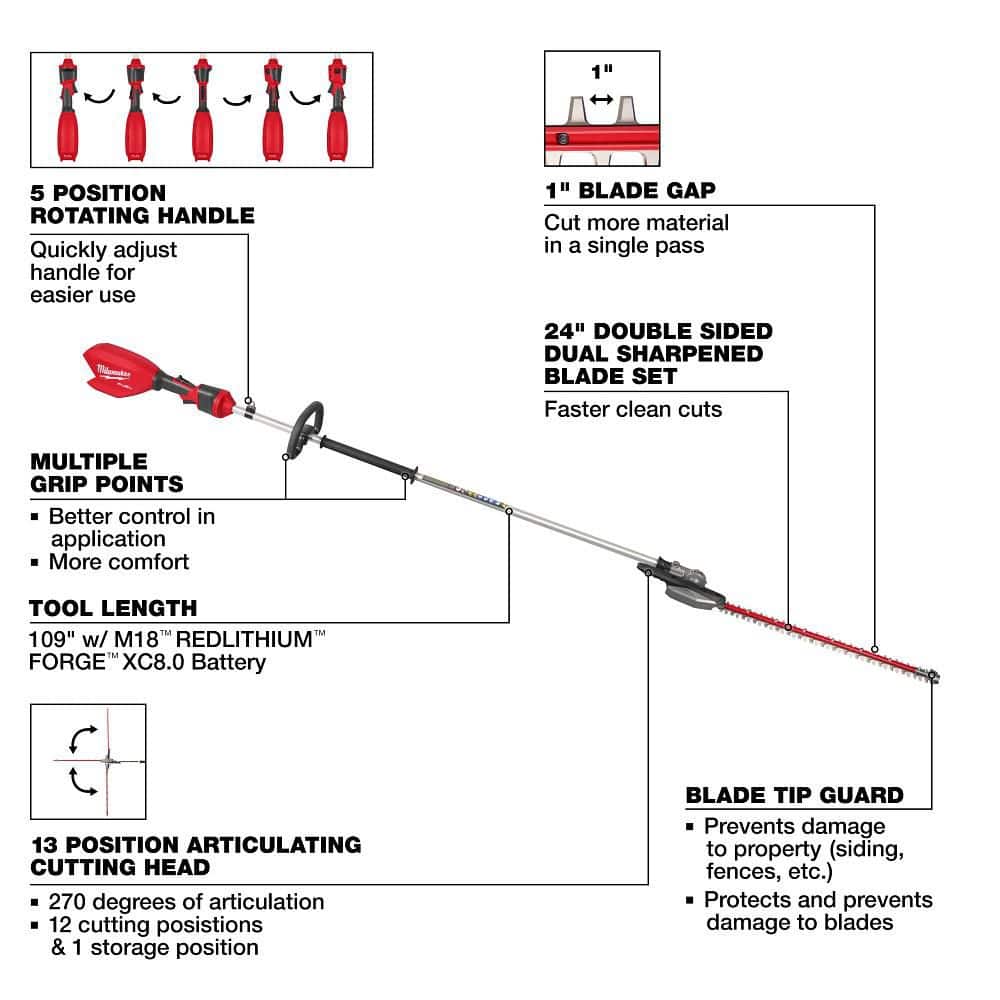 Milwaukee M18 FUEL 18V 24 in. Brushless Cordless Extended Pole Articulating Hedge Trimmer (Tool-Only) – 3035-20 - Image 5