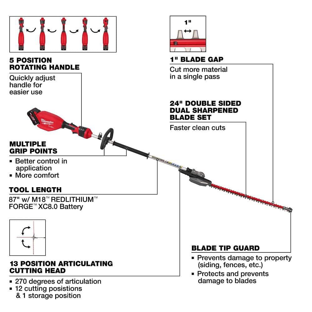 Milwaukee M18 FUEL 18V 24 in. Brushless Cordless Pole Articulating Hedge Trimmer Kit with 8.0 Ah Battery & Rapid Charger - Image 6