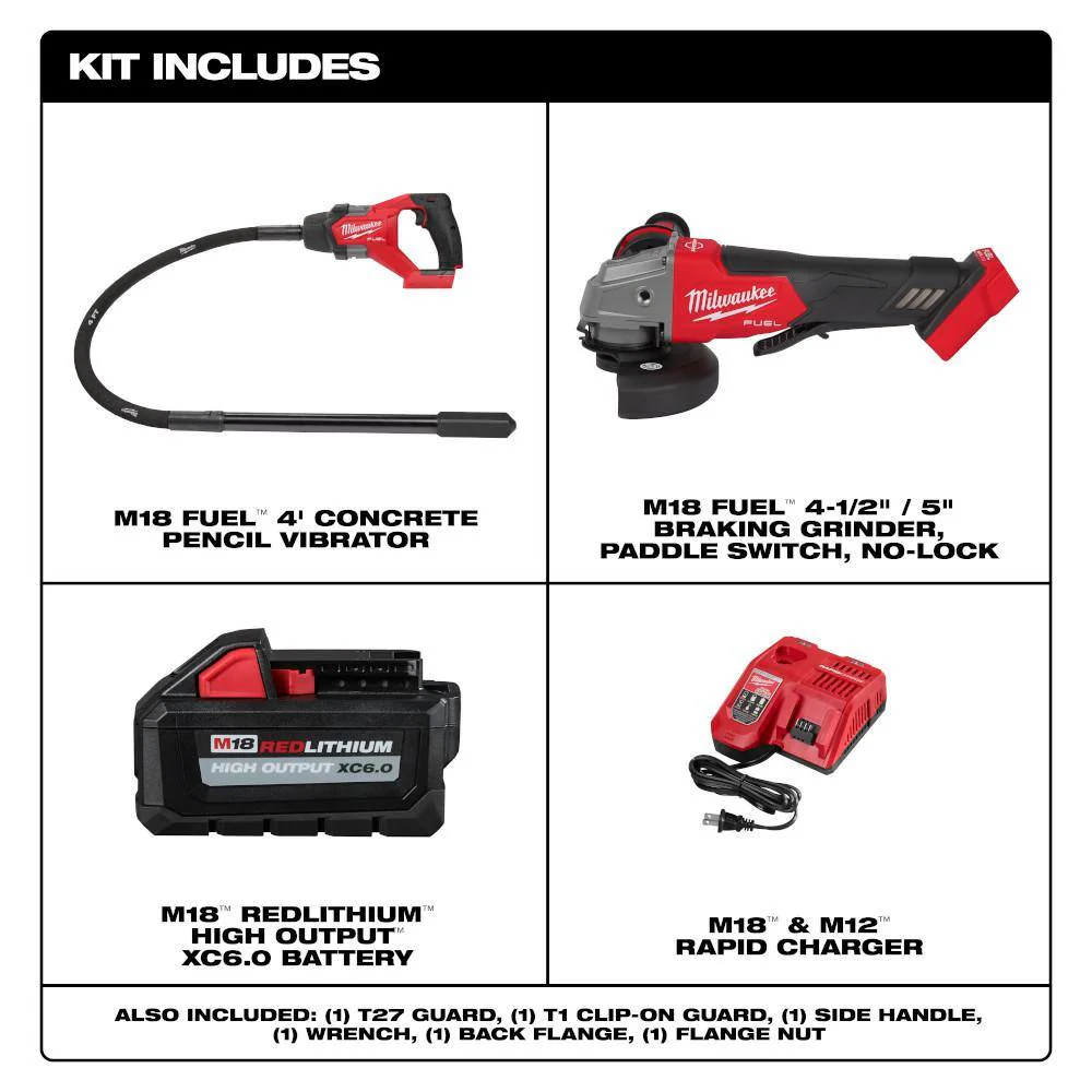 Milwaukee M18 FUEL 18V Brushless Cordless 4 ft. Concrete Pencil Vibrator Kit with 6.0Ah Battery & M18 FUEL Grinder - Image 2