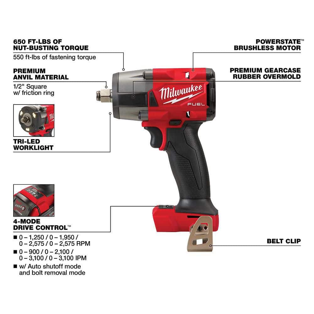 Milwaukee M18 FUEL 18V Mid‑Torque 1/2 in. Impact Wrench & M12 FUEL 3/8 in. High‑Speed Ratchet Combo Kit (Batteries & Charger) - Image 6