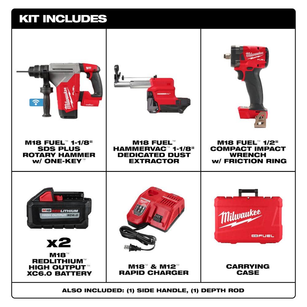 Milwaukee M18 FUEL 18V Lithium-Ion Brushless 1-1/8 in. Cordless SDS-Plus Rotary Hammer Kit with Dust Extractor, 2 XC6.0 Batteries, Rapid Charger & M18 FUEL Impact Wrench - Image 2