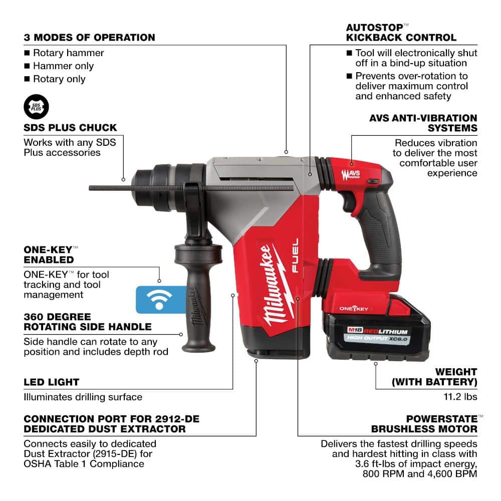 Milwaukee M18 FUEL 18V Lithium-Ion Brushless 1-1/8 in. Cordless SDS-Plus Rotary Hammer Kit with Dust Extractor, 2 XC6.0 Batteries, Rapid Charger & M18 FUEL Impact Wrench - Image 3