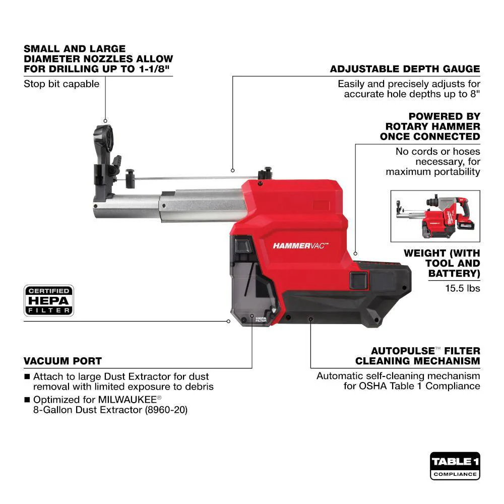 Milwaukee M18 FUEL 18V Lithium-Ion Brushless 1-1/8 in. Cordless SDS-Plus Rotary Hammer Kit with Dust Extractor, 2 XC6.0 Batteries, Rapid Charger & M18 FUEL Impact Wrench - Image 4