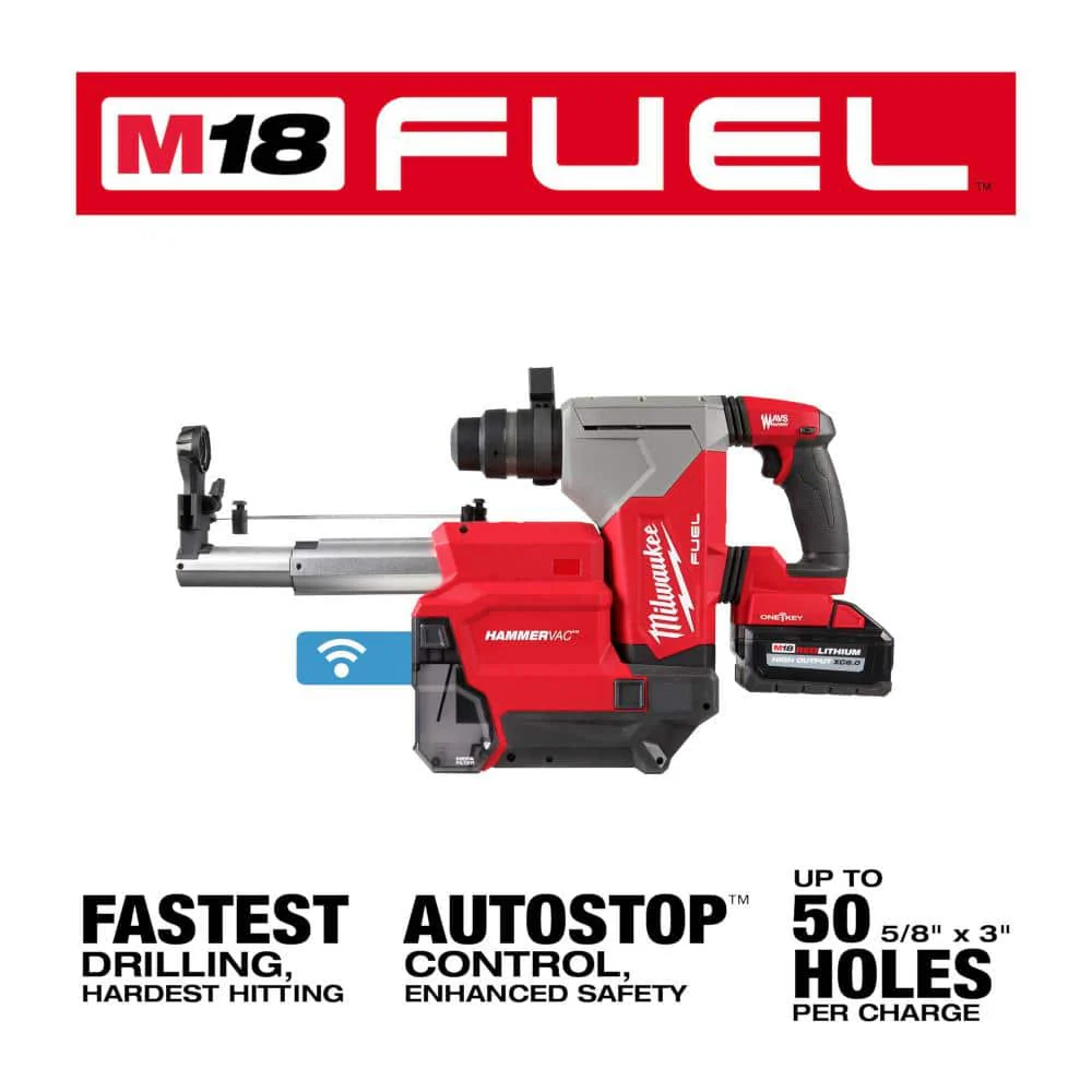 Milwaukee M18 FUEL 18V Lithium-Ion Brushless 1-1/8 in. Cordless SDS-Plus Rotary Hammer Kit with Dust Extractor, 2 XC6.0 Batteries, Rapid Charger & M18 FUEL Impact Wrench - Image 5