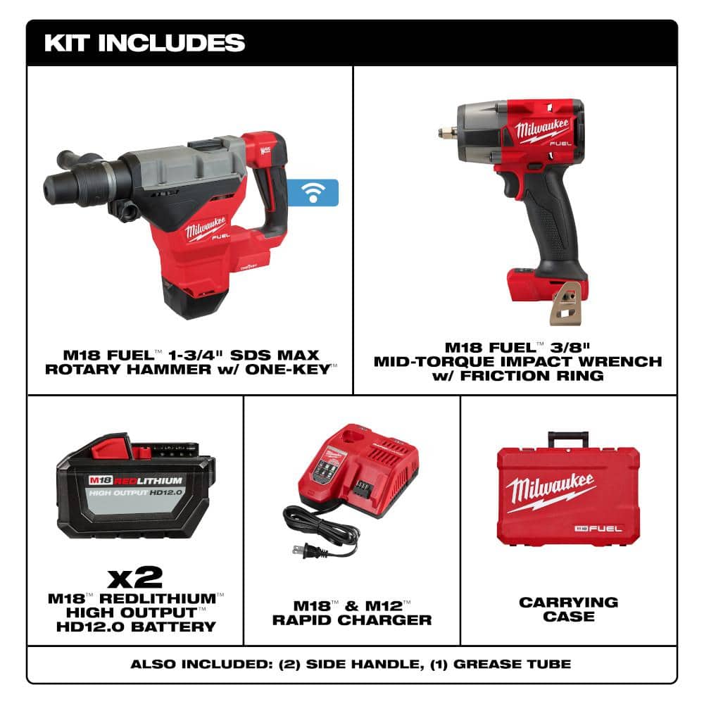 Milwaukee M18 FUEL 18V Lithium-Ion Brushless 1-9/16 in. SDS-Max Rotary Hammer Kit with 2 Batteries & M18 3/8 in. Impact Wrench - Image 2
