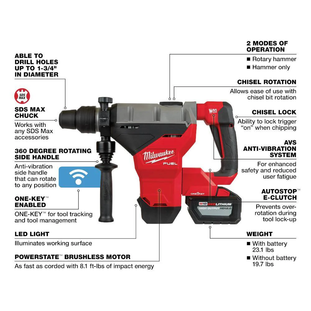 Milwaukee M18 FUEL 18V Lithium-Ion Brushless 1-9/16 in. SDS-Max Rotary Hammer Kit with 2 Batteries & M18 3/8 in. Impact Wrench - Image 3