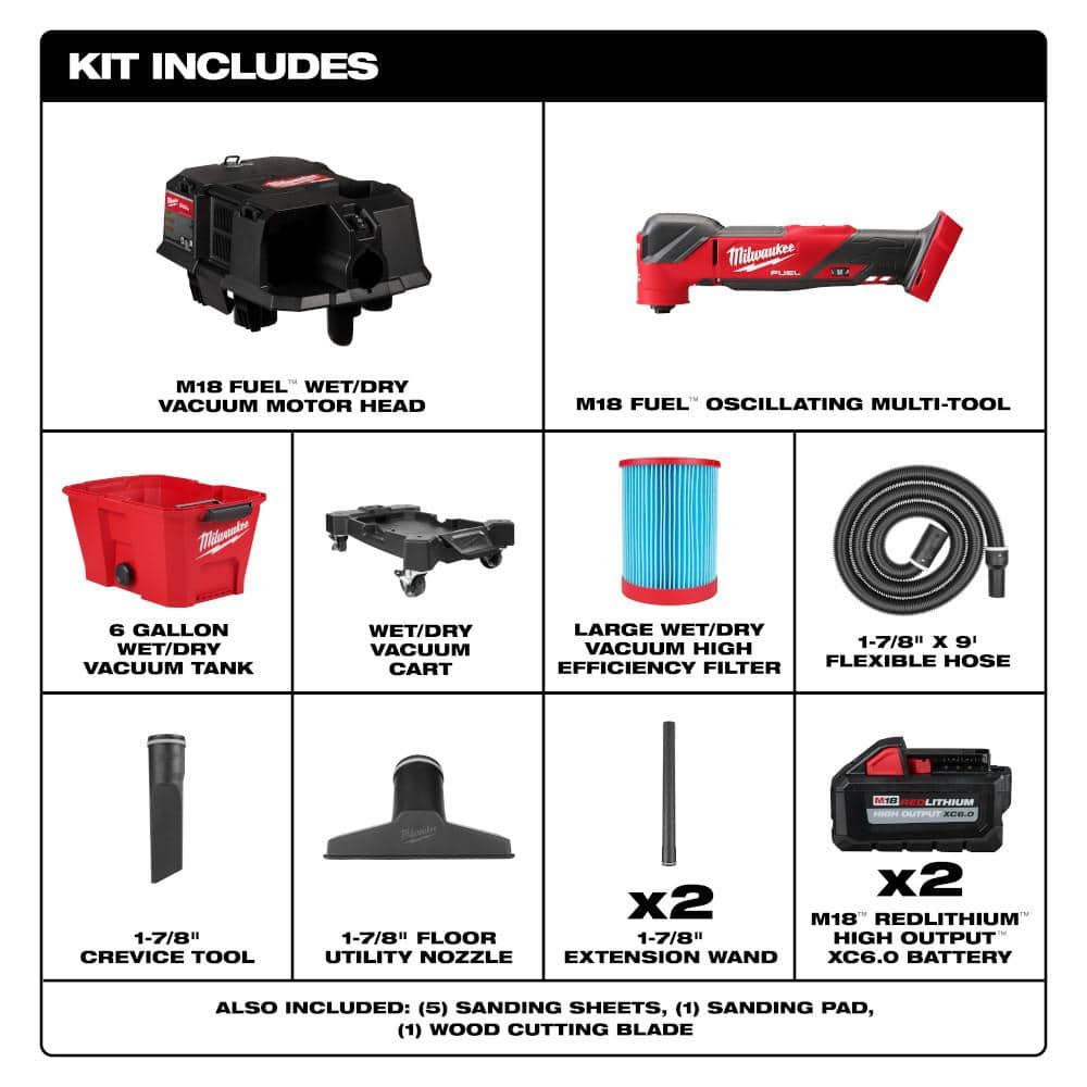 Milwaukee M18 FUEL 18V Lithium-Ion Cordless Brushless Oscillating Multi-Tool with Wet/Dry Shop Vac and (2) High Output 6.0Ah Batteries - Image 2