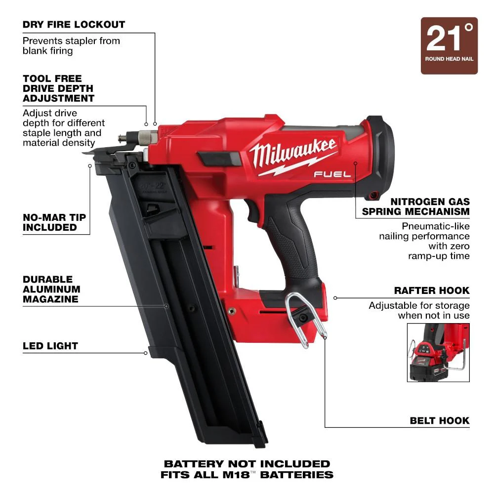 Milwaukee M18 FUEL 3-1/2 in. 18-Volt 21-Degree Brushless Cordless Framing Nailer with 2-Pack REDLITHIUM HIGH OUTPUT XC 6.0Ah Batteries - Image 4