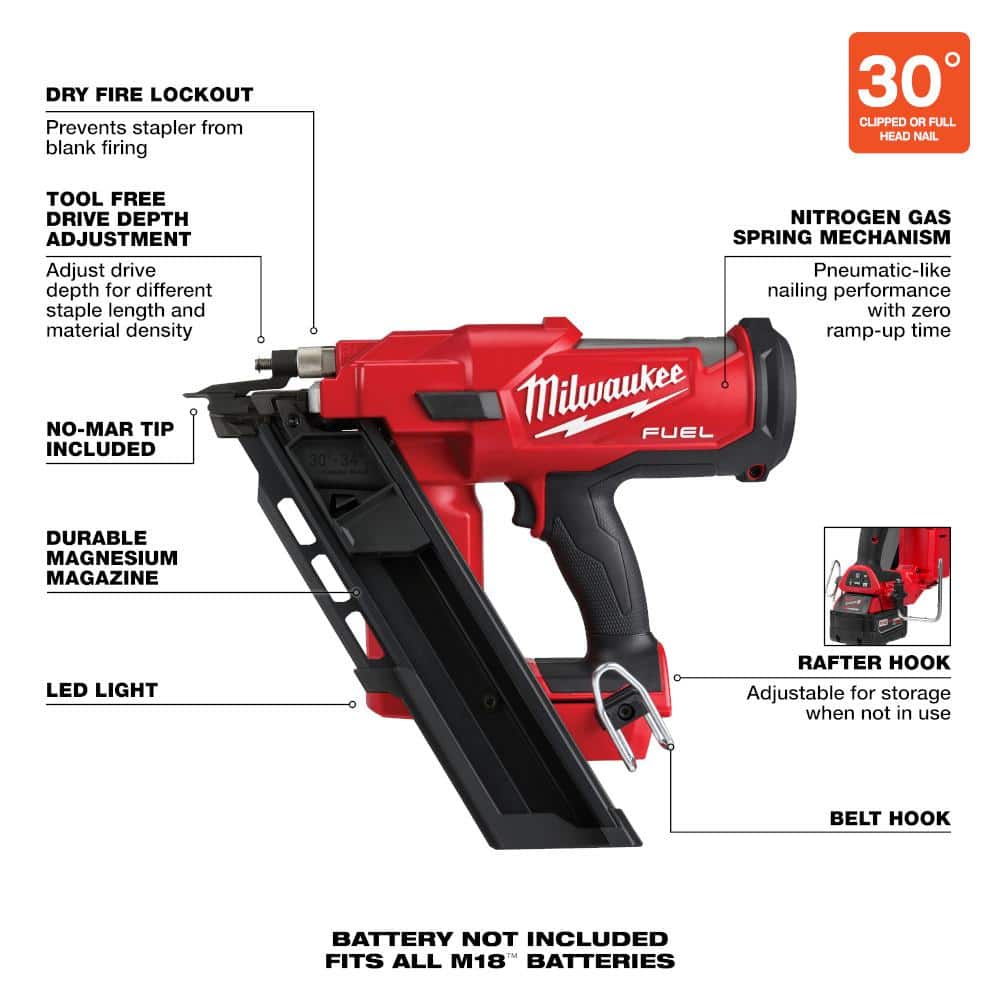 Milwaukee M18 FUEL 3-1/2 in. 18-Volt 30° Brushless Cordless Framing Nailer (Tool-Only) with Tinted Anti-Scratch Safety Glasses - Image 4