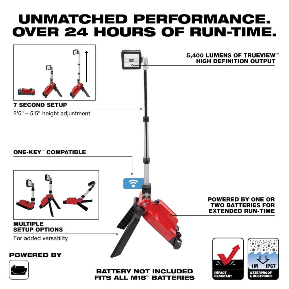 Milwaukee M18 ONE-KEY 18-Volt Lithium-Ion Cordless ROCKET Dual Pack Tower Work Light, 5'5" Max Height, 5400 Lumens (Tool-Only) - Image 3