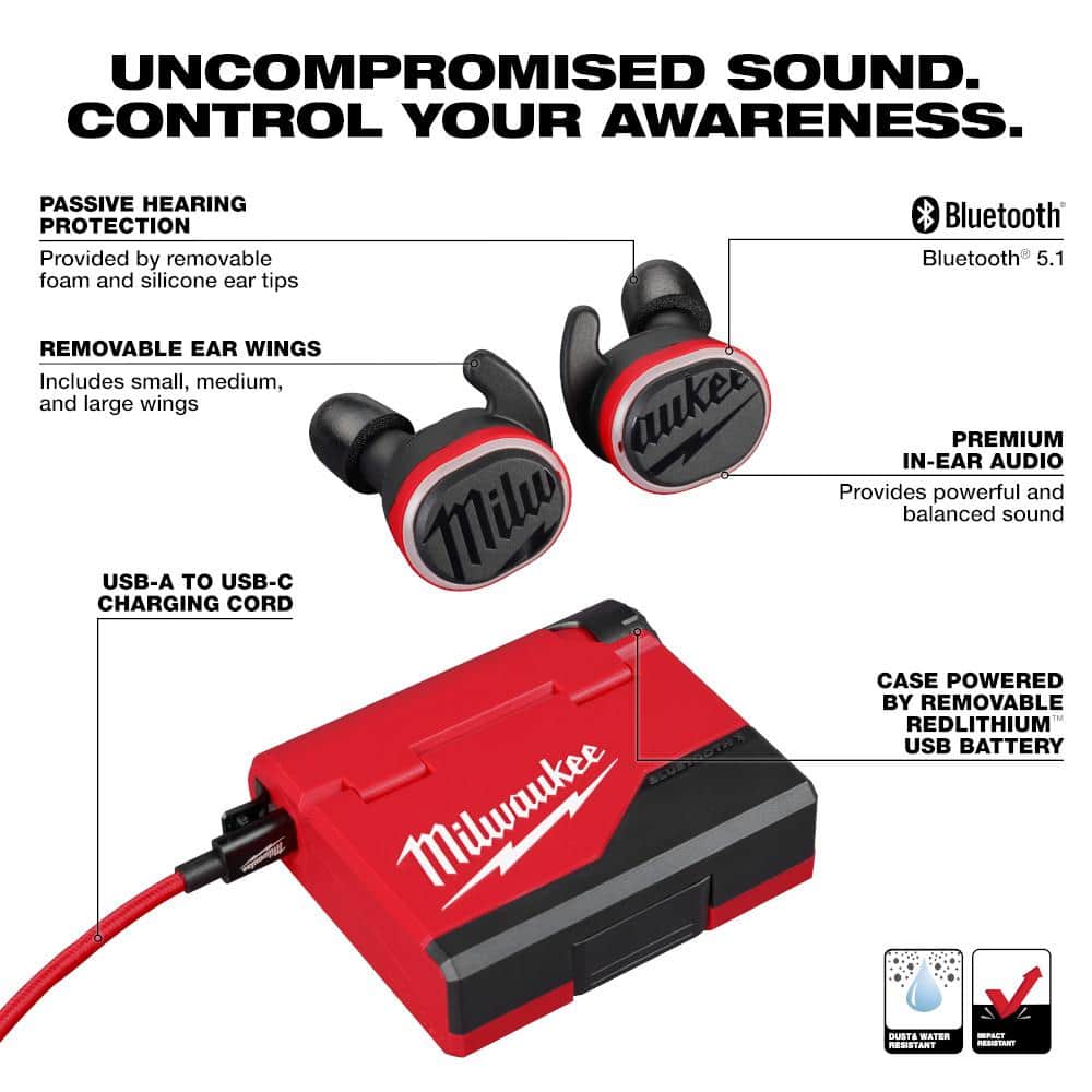 Milwaukee REDLITHIUM USB Bluetooth Jobsite Ear Buds, Noise-Cancelling In‑Ear, Red (2191-21) - Image 3