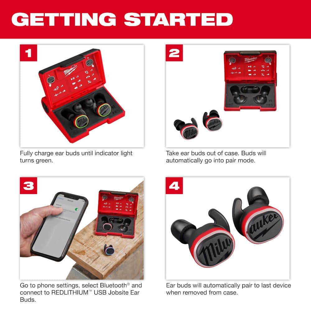 Milwaukee REDLITHIUM USB Bluetooth Jobsite Ear Buds, Noise-Cancelling In‑Ear, Red (2191-21) - Image 7