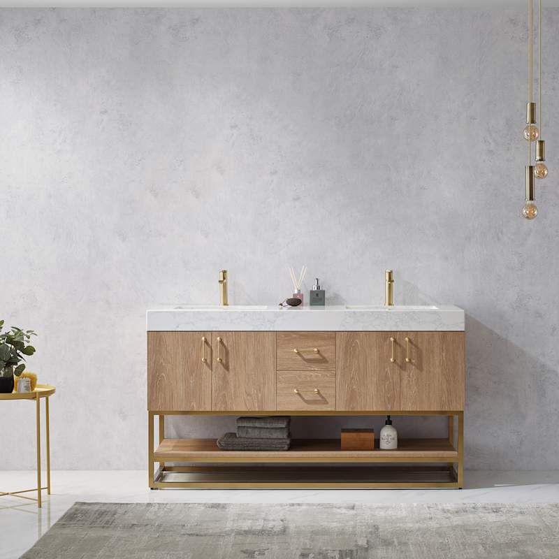 Miseno Alistair 60" Free Standing Double Basin Vanity Set – Cabinet + Stone Top with USB Port & Electrical Outlet (North American Oak) - Image 2